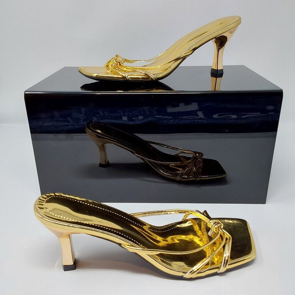 Women's Gold Metallic Strappy Mule Heels Square Toe Slide Sandals EU 37 US 6.5-7